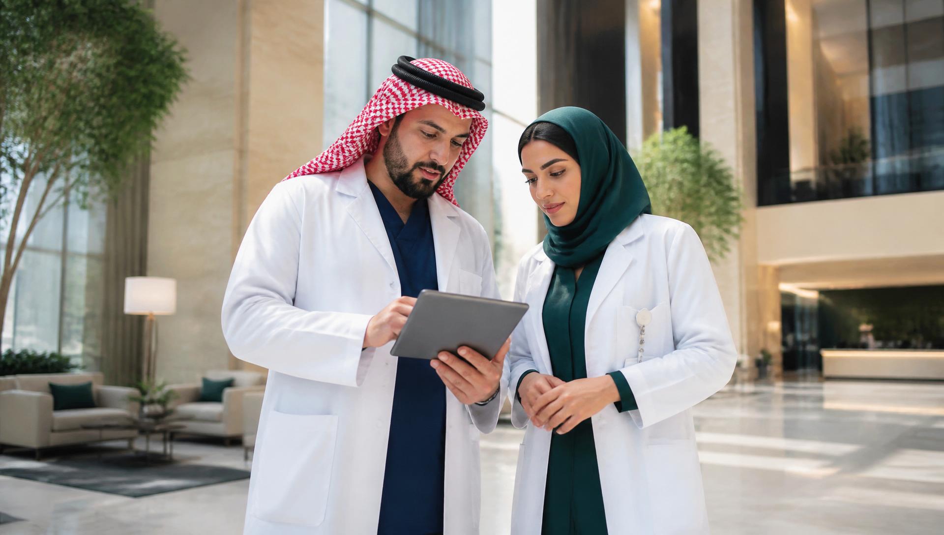 أطباء يستعرضون بيانات المرضى في مستشفى حديث